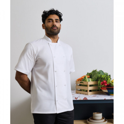 Studded front short sleeve chef's jacket