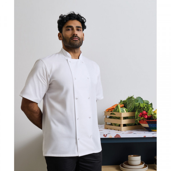 Studded front short sleeve chef's jacket